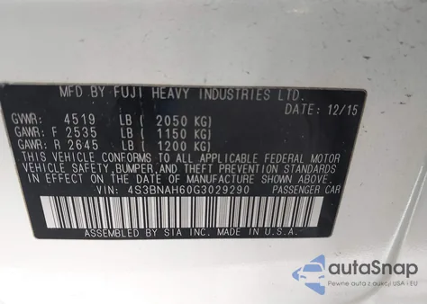 2016 Subaru Legacy 2.5I Premium из США, поврежденный, VIN 4S3BNAH60G3029290